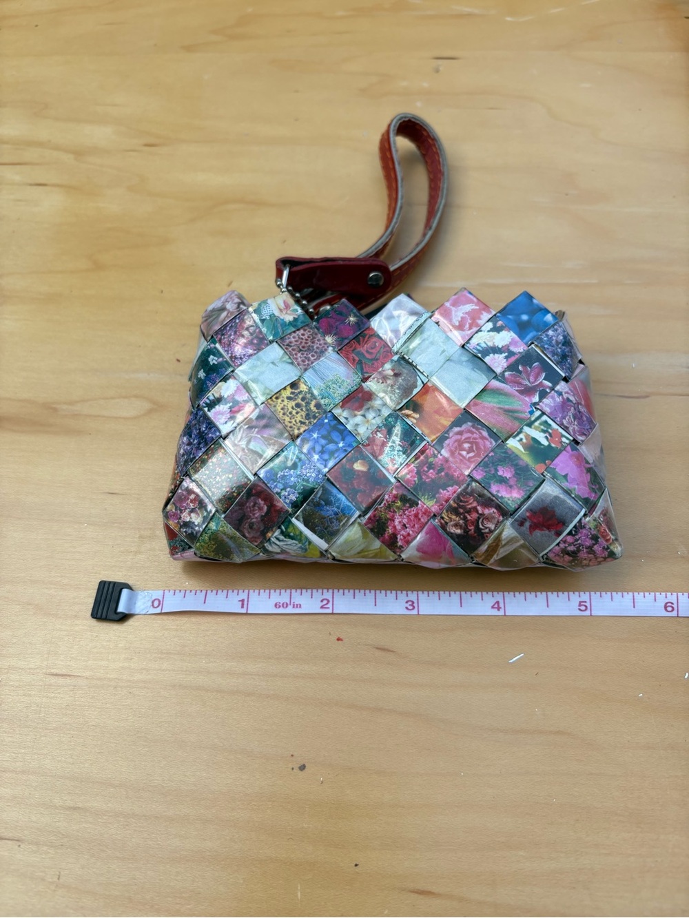 Nahui Ollin candy wrapper Floral Wristlet with leather straps